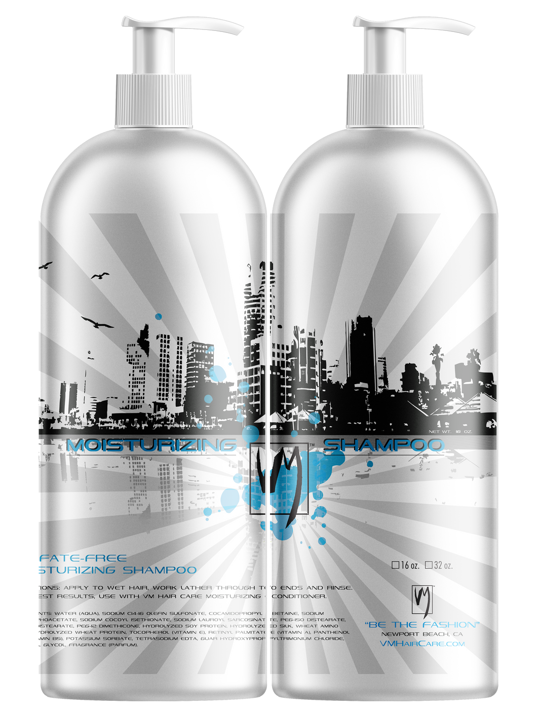 Two bottles of moisturizing shampoo displayed with a city skyline behind, merging beauty care with urban scenery.